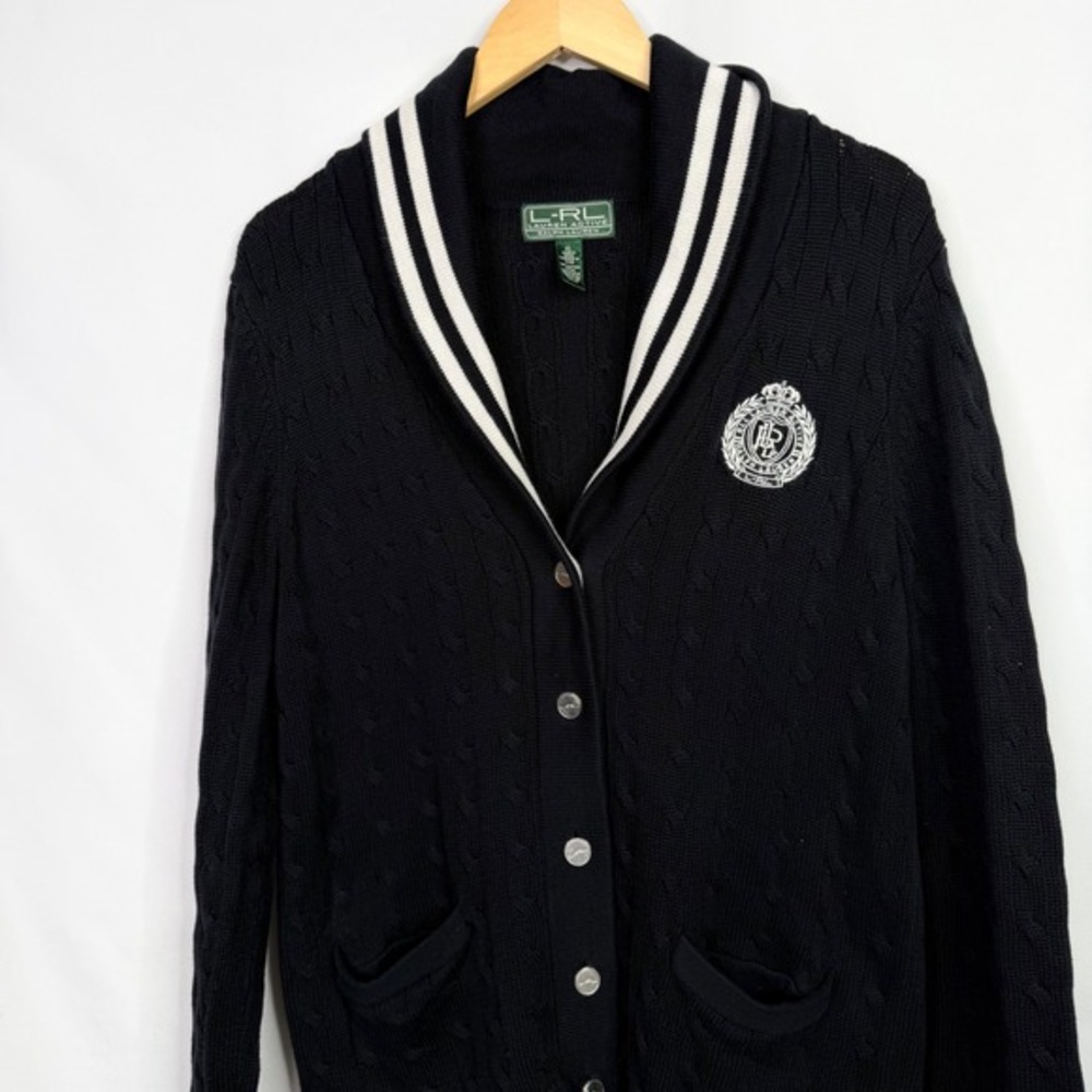 Lauren Ralph Lauren Active Cardigan Black Varsity‎ Cable Knit Shawl Collar Sz XL - Picture 4 of 7